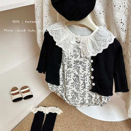 秋婴儿包屁衣女宝宝长袖黑碎花哈衣新生儿周岁洋气包屁衣外套高级