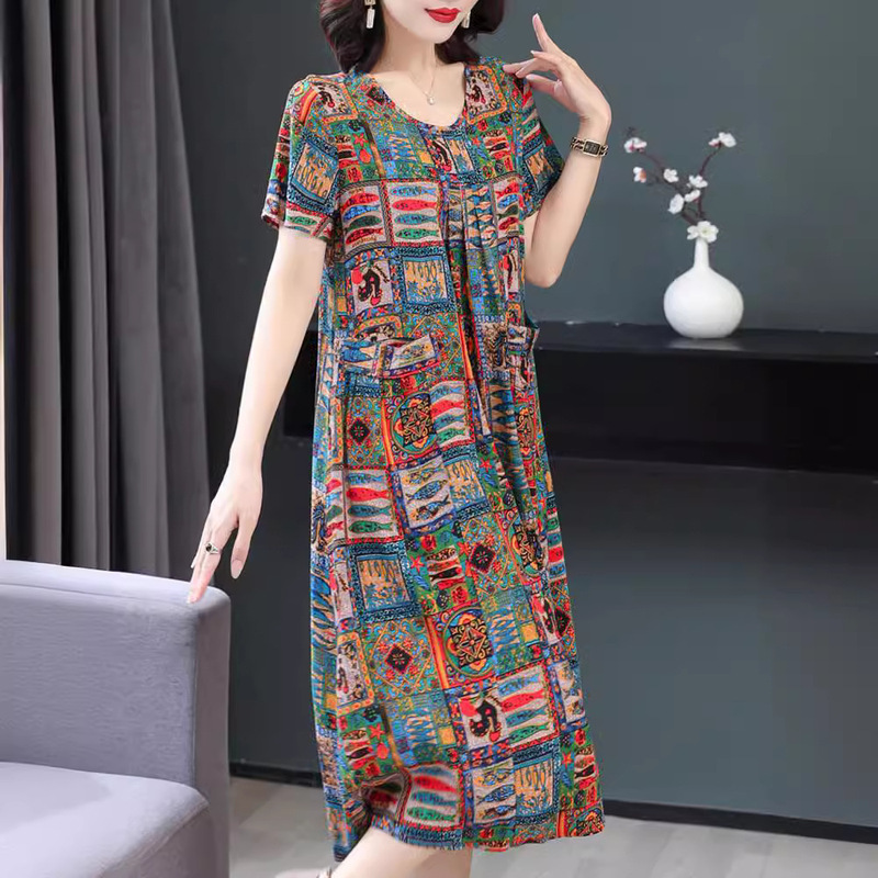 New Style Elegant Western Style Cotton Silk Dress Summer Women's Clothing Floral Mother Fashion Middle-aged Artificial Cotton Skirt New Style Elegant Western Style Cotton Silk Dress Summer Women's Clothing Floral Mother Fashion Middle-aged Artificial Cotton Skirt