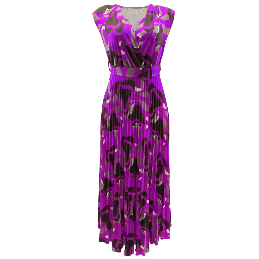 V Neck Sleeveless Padded Shoulder Casual Printed Office All Matching Pleated Waist Dress