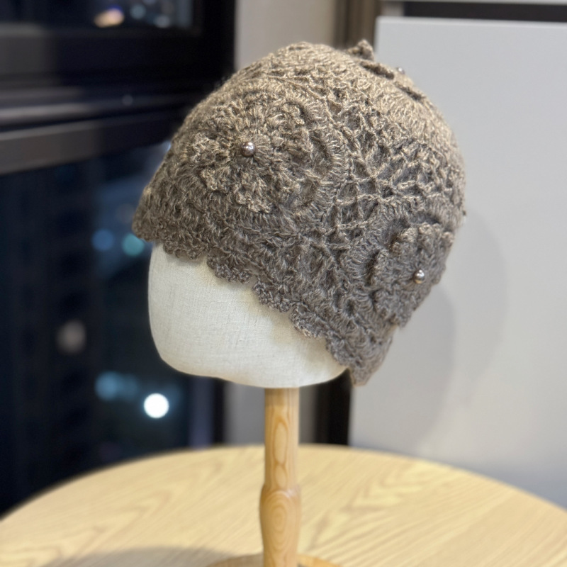 新款秋冬加厚手工双层钩花针织帽女保暖毛线帽气质民族风包头帽子|undefined