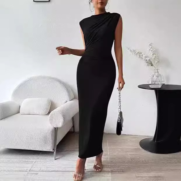 Cross-Border Plus-Size Dress, European and American Style, Pure and Sexy Sleeveless Dress, Pleated Slim-Fitting Coat, Elegant and Stylish