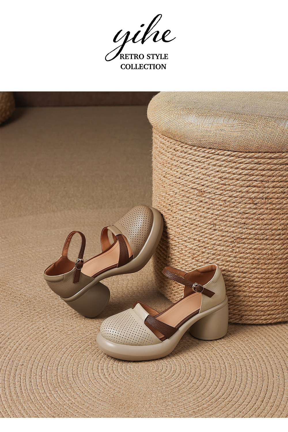 Sandal nữ da cừu mũi trùm đục lỗ quai ngang khóa một chữ gót thô 7.5 cm — màu trắng ngà chi tiết 13
