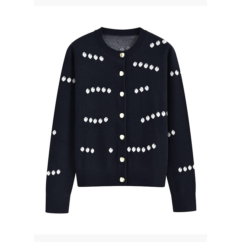 【Lang*Order】2025 Winter New Style Elegant Color-Block Jacquard Round Neck Short Knit Cardigan Women's Mulberry Silk Top