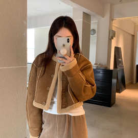韩版复古羊羔毛机车服皮毛一体圆领单排扣宽松短款外套