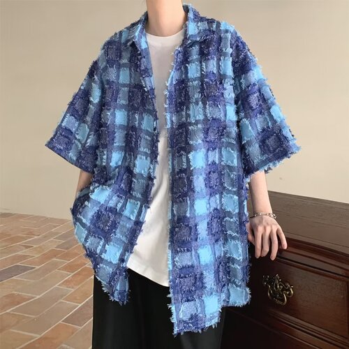 Edge-bleached plaid patchwork short-sleeve tie-dye shawl collar jacket outerwear cool stylish men fringe short-sleeve vibe-style luxury shirt
