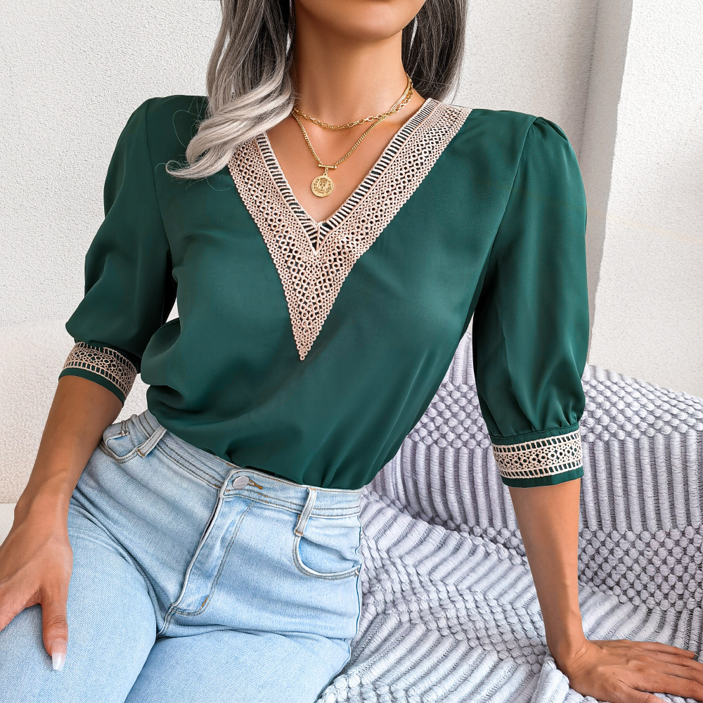 Damen Chiffonbluse Mit V-ausschnitt Und Spitze Für Den Sommer_voghion.com