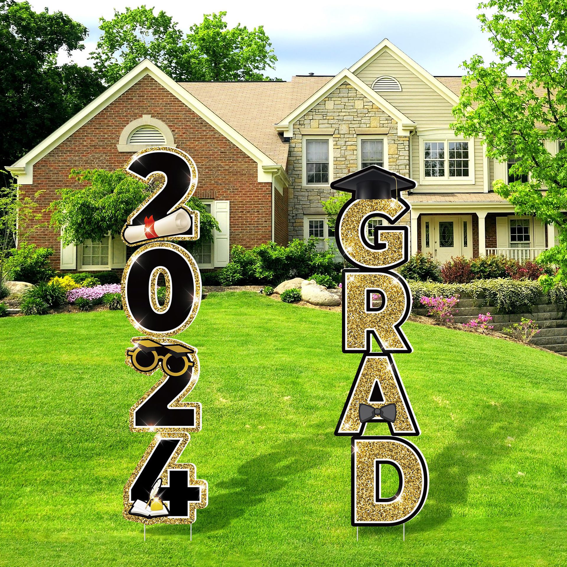 毕业季庭院插牌跨境爆款花园标志室外派对黑金字母数字草坪地插牌