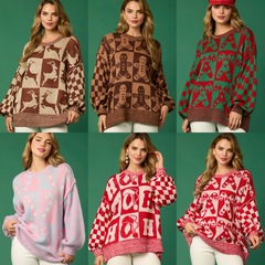 アマゾン秋冬新型クロスボーダー欧米女装クリスマス格子縞衝突色セーター長袖ゆるいプルオーバーセーター