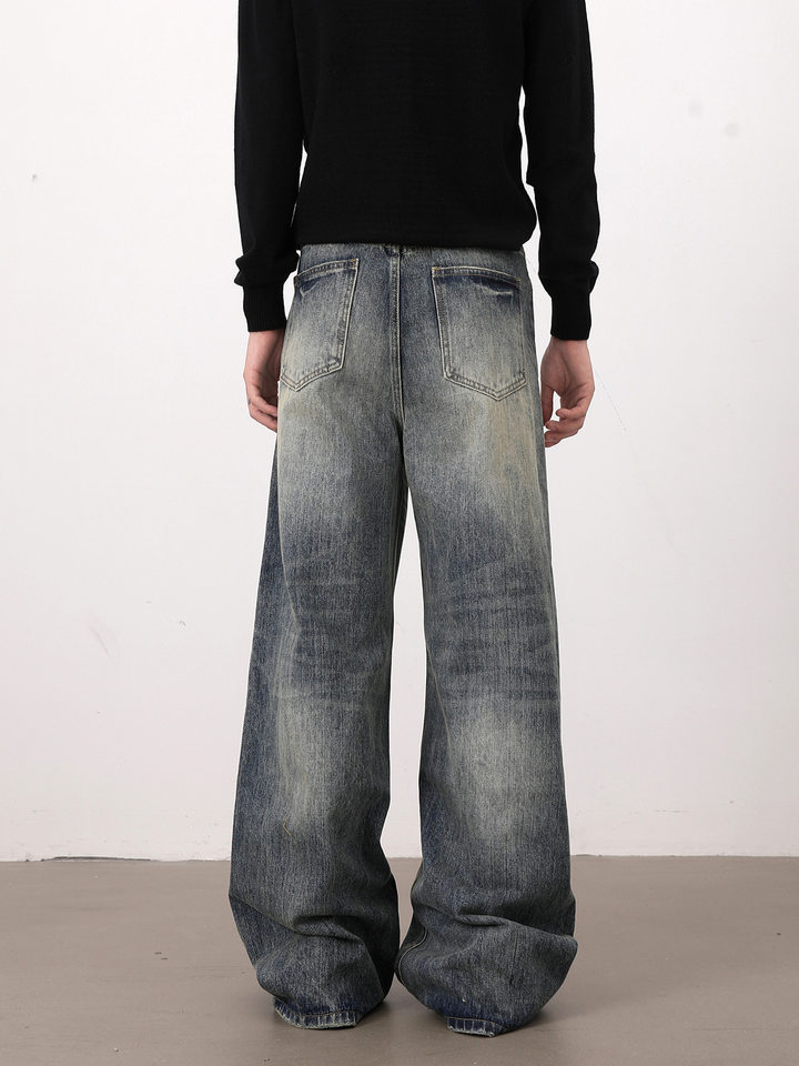 Quần jeans nam dáng chữ A ống rộng phong cách retro, râu mèo nổi, lưng vừa, dài ống suông — Màu xanh dương