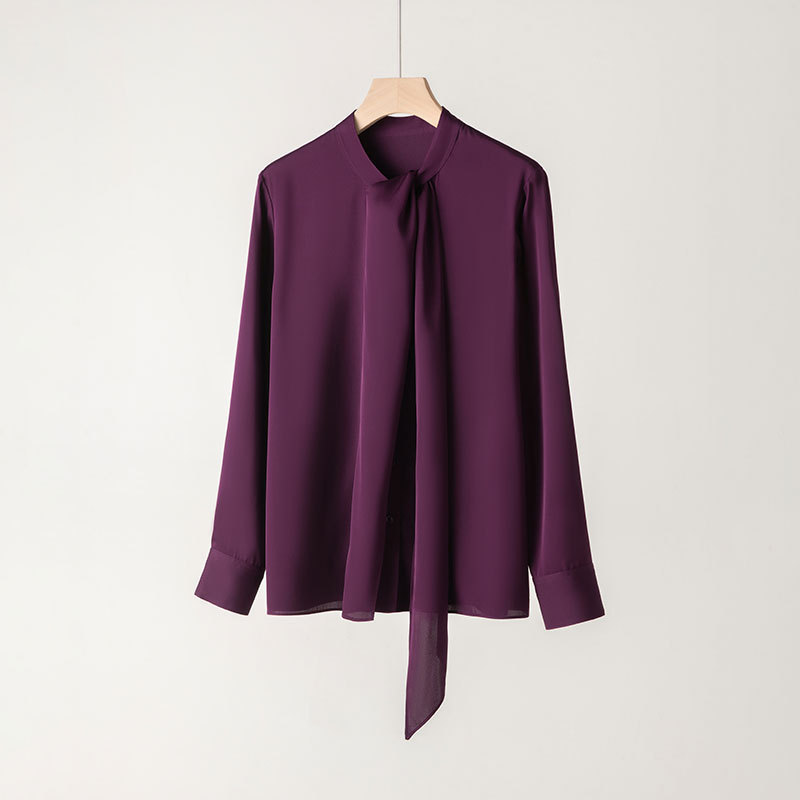 Spring 2025 New Silk Shirt Women's Long-sleeved Streamer Mulberry Silk Shirt Commuter Solid Color Slimming Elegant Top