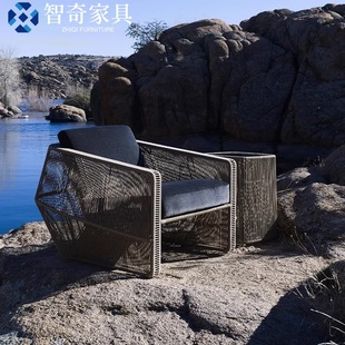 Outdoor Sofa Combination Table and Chairs, Special-Shaped Coffee Table, Open-Air Restaurant, Braided Rope, Waterproof and Sun-Proof, Hotel Courtyard Garden Furniture