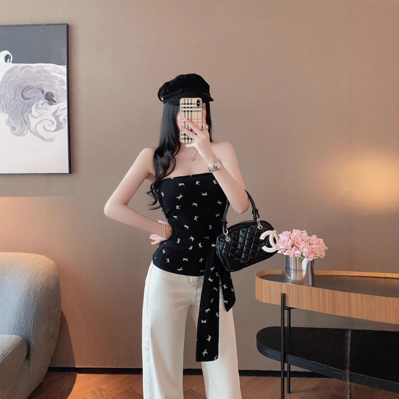 Black Tube Top for Women, Non-Slip with Breast Pads, Bow Design, Strapless Sleeveless Vest, Slim Fit Inner Top