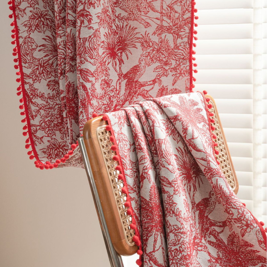 Qixin Curtains Christmas Red Pom-Pom Jacquard Curtains Finished Kitchen Curtains Bay Window Semi-Blackout Factory Direct Supply Door Curtains