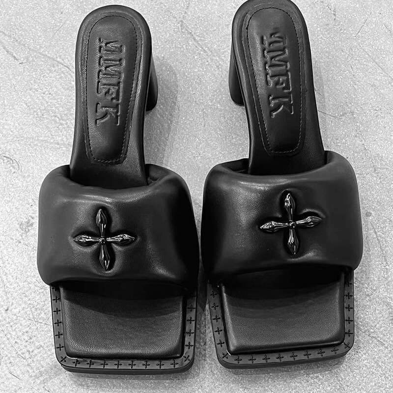 Smfk Full Sheepskin Cross-Pattern Duckbill Sandals with Chunky Heels, High Heels, Thick Soles, Black Balloon Slip-On Flat Sandals for Women
