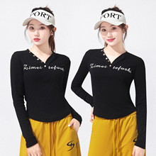 新款广场舞服装上衣棉薄款V领钉扣印花长袖运动体操跳舞服2525