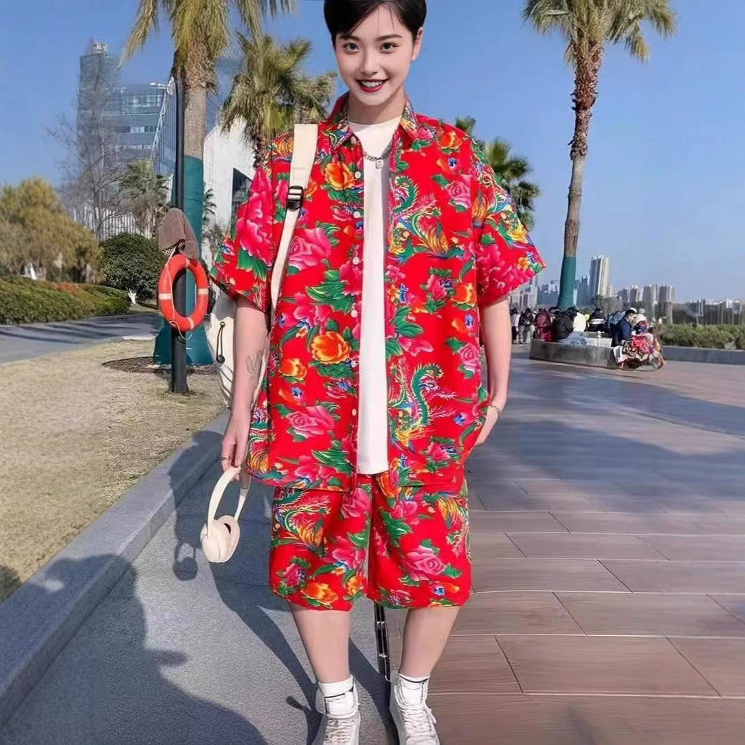Летний тонкий северо-восточный большой цветочный шорт костюм Санья праздничный мужской набор пара рубашка с короткими рукавами набор из двух частей