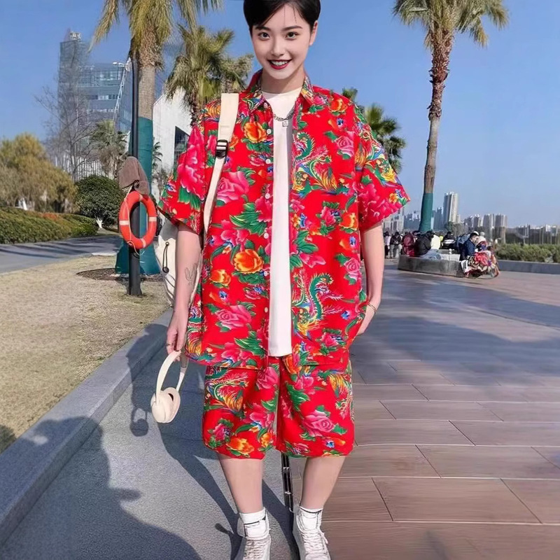 Summer Thin Northeast Big Flower Shorts suit Sanya Vacation Men's Wear Set Couple's Short-sleeved Shirt Two-piece Set