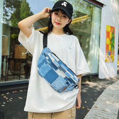 大腰包牛仔布拼接撞色休閒胸包女ins韓版旅行背包潮流布藝斜挎包