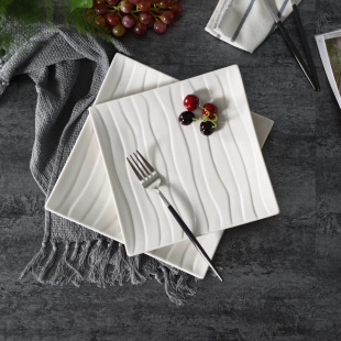 Yubao Fang Hotel Ceramic Tableware Display Square Plate with Wood Grain Pattern, White Western Cuisine Plate with Custom Logo, Wholesale