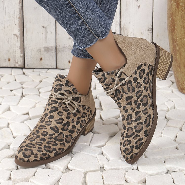 Große größe leopard print niedrigen ferse spitze kurze stiefel weibliche herbst und winter neue ein fuß steigbügel_voghion.com