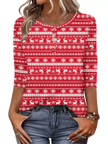 Cross-Border Aliexpress Hot-Selling Women's Slim-Fit, Slimming, Cotton-Like Solid Color Button Print V-Neck Three-Quarter Sleeve T-Shirt Top