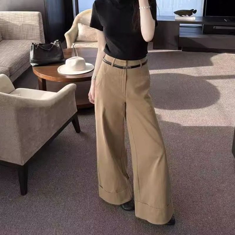 2025早秋新款韩版高腰宽松显瘦卷边阔腿直筒裤女百搭休闲长裤呢子|undefined