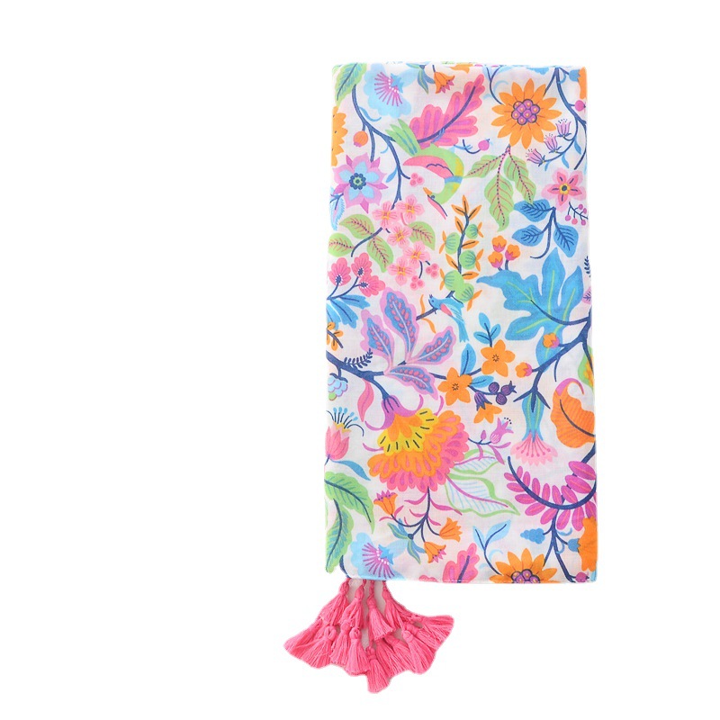 Primavera y verano bufanda de seda de las mujeres del todo fósforo largo protector solar mantón colorido planta hojas floral impreso algodón y lino sensación bufanda