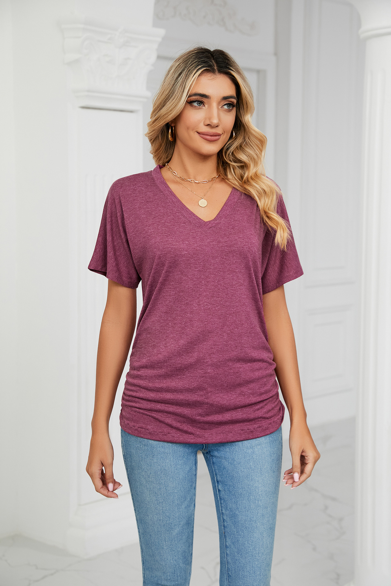 Summer Casual Pullover V Neck Solid Color Loose T Shirt Women Top