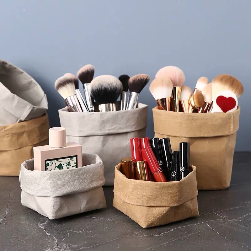 Spot ins Creative Nordic Washable Kraft Paper Bag Desktop Makeup Storage Bag Paper Flower Pen Holder