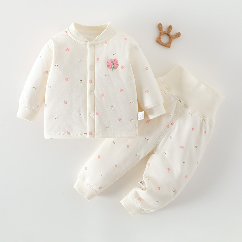 Baby Quilted Thickened Cotton Clothing Set Autumn and Winter Cotton Cardigan Two-Piece Set High-Waisted Belly-Protecting Cotton Pants