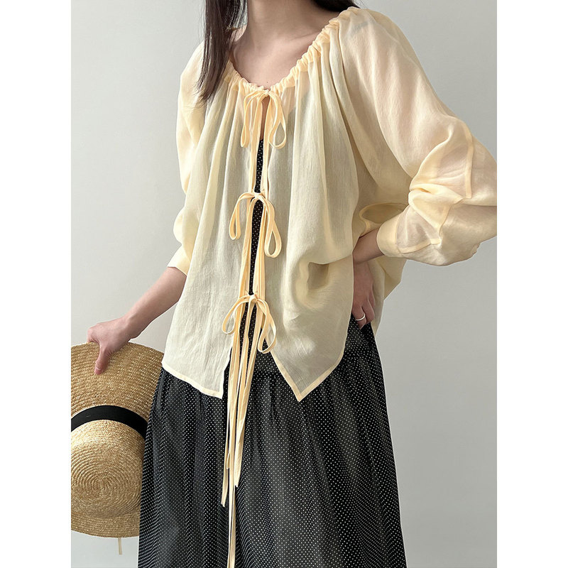 Luxi Korean Style Drawstring Shirt Top for Women 2026 Spring New V-Neck Sun Protection Shirt with Tie-Up Cardigan 3785 Luxi Korean Style Drawstring Shirt Top for Women 2026 Spring New V-Neck Sun Protection Shirt with Tie-Up Cardigan 3785