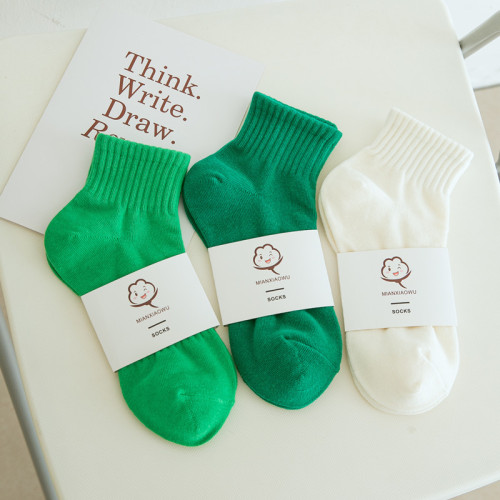 White socks women's mid-calf socks summer thin pure cotton socks ins trendy solid color breathable short-tube green summer socks