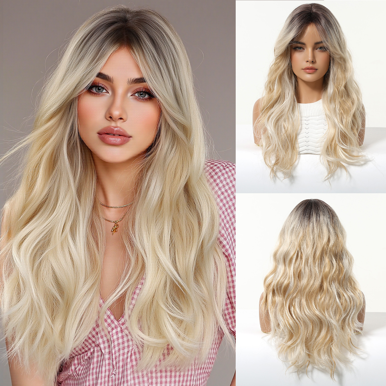 Peluca blanca y dorada degradada transfronteriza en Europa y los Estados Unidos aire flequillo esponjoso y perezoso estilo francés rizado conjunto completo de cabello image 9