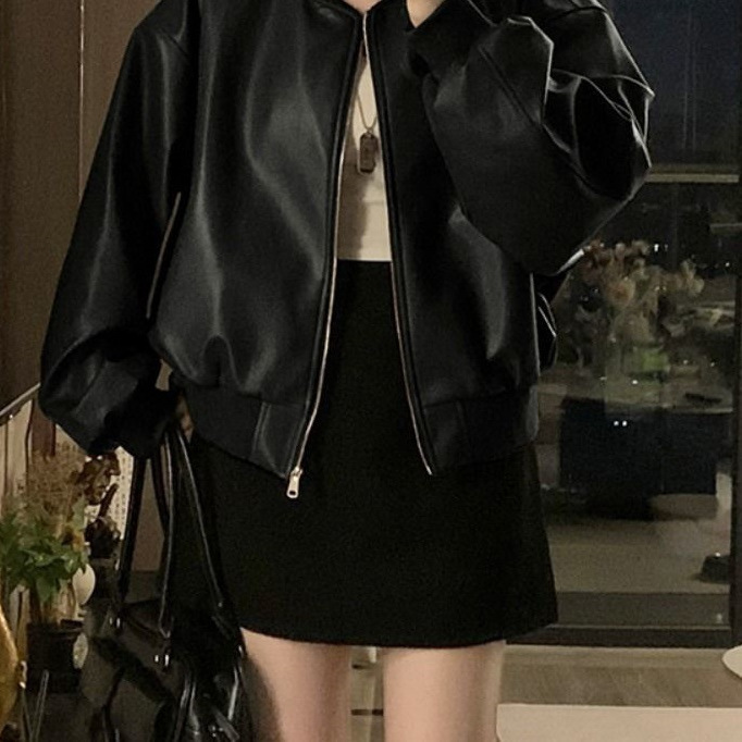秋季新款黑色复古廓形皮衣外套皮夹克女甜酷风机车服棒球服上衣潮|undefined