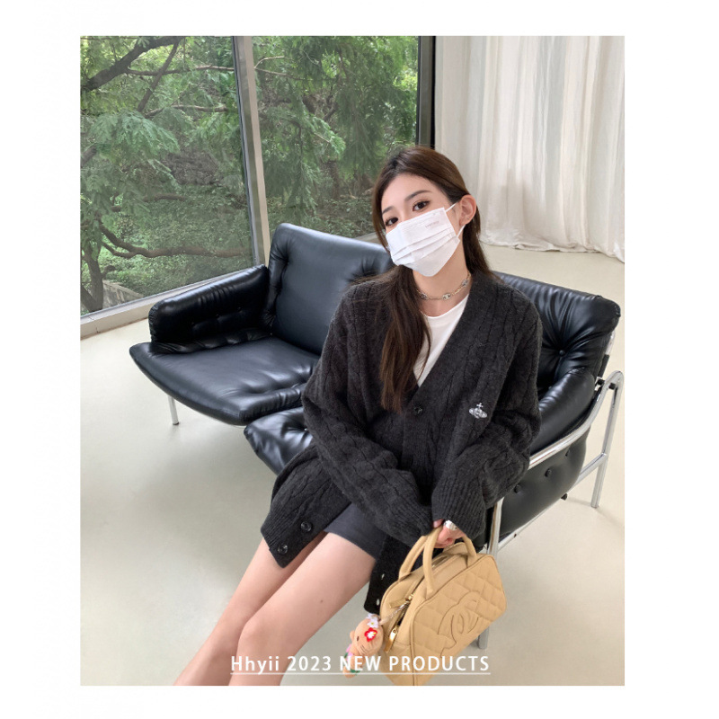 秋冬羊绒开衫女针织领韩版宽松显瘦刺绣学院风大码羊毛毛衣外套|undefined
