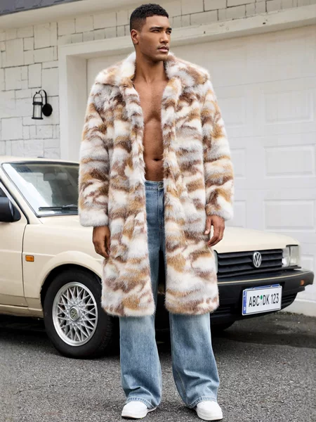 Cross-Border European and American Autumn and Winter Men's Imitation Fur Long Coat Contrasting Color Warm Plush Imitation Mink Coat Jacket