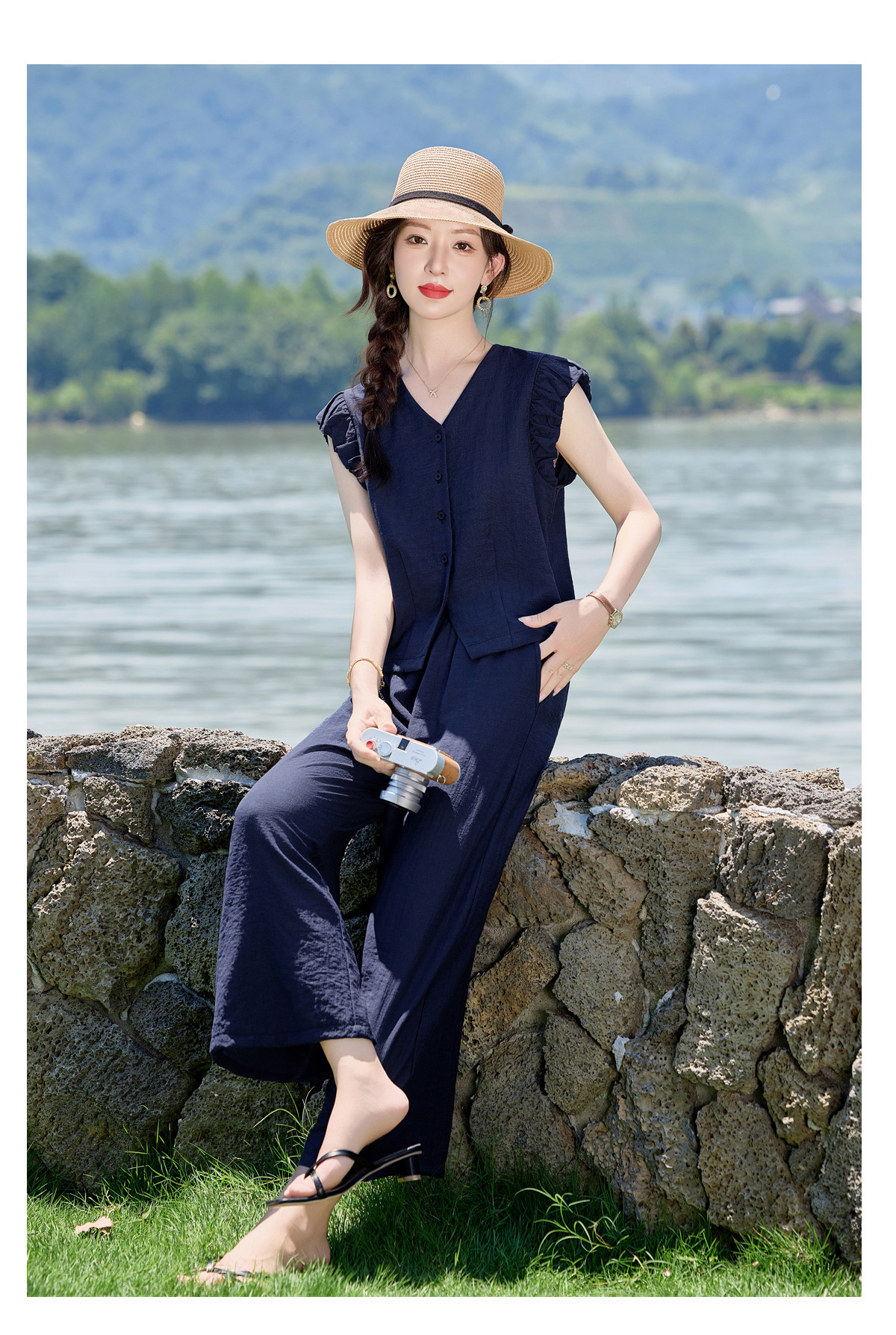 Bộ vest nữ hè 2025 áo sơ mi cổ V ôm quần ống thẳng hai mảnh LB2869 — màu xanh hải quân, Màu trắng nhạt chi tiết 24