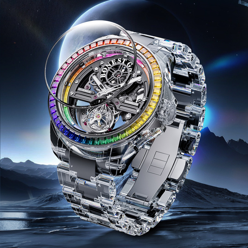 German Bugatti Bonest Gatti Watch Brand High-End Full Transparent Colored Diamond Overseas Tourbillon Mechanical Watch