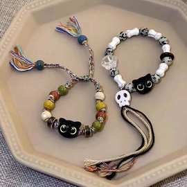 新中式陶瓷彩色编织绳串珠猫咪手链女小众设计复古配饰小猫咪猫爪