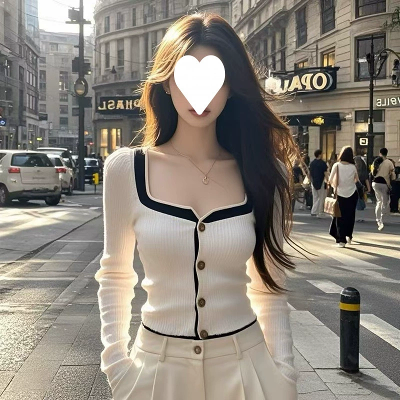 Упаковочные нити для мытья воды ~ Осенний и зимний уникальный шикарный цвет с квадратным вырезом свитер женский дизайн тонкая рубашка с длинными рукавами