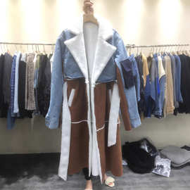 欧美风街头潮款大衣外套翻领收腰系带长款牛仔拼接羊羔毛撞色风衣