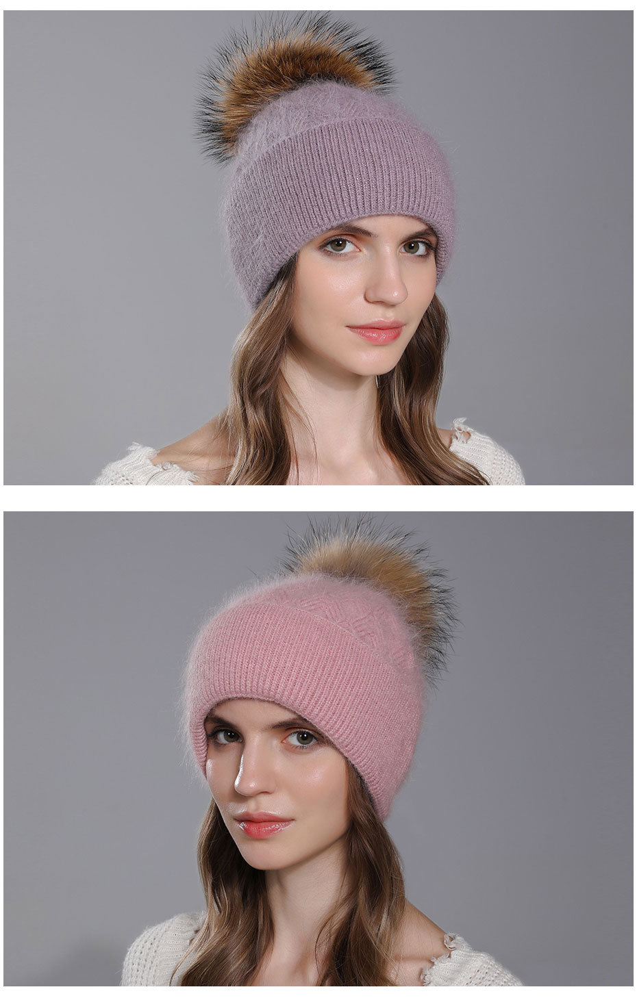 Nuevo Gorro de lana con pelo de conejo Angora tejido para mujer, giros de masa frita para invierno, gorro de lana con brida de doble capa, Bola de pelo de perro mapache,_voghion.com