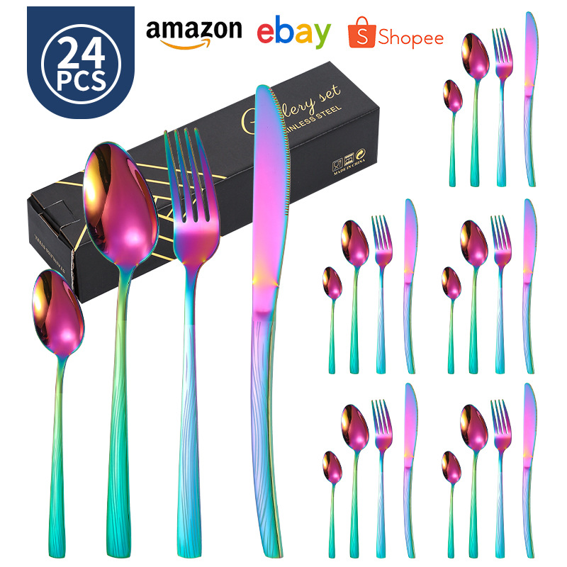 Juego de vajilla de 24 piezas de cuchillo y tenedor de acero inoxidable de venta caliente transfronteriza caja de regalo cuchara de comida occidental de Amazon dorada chapada en titanio