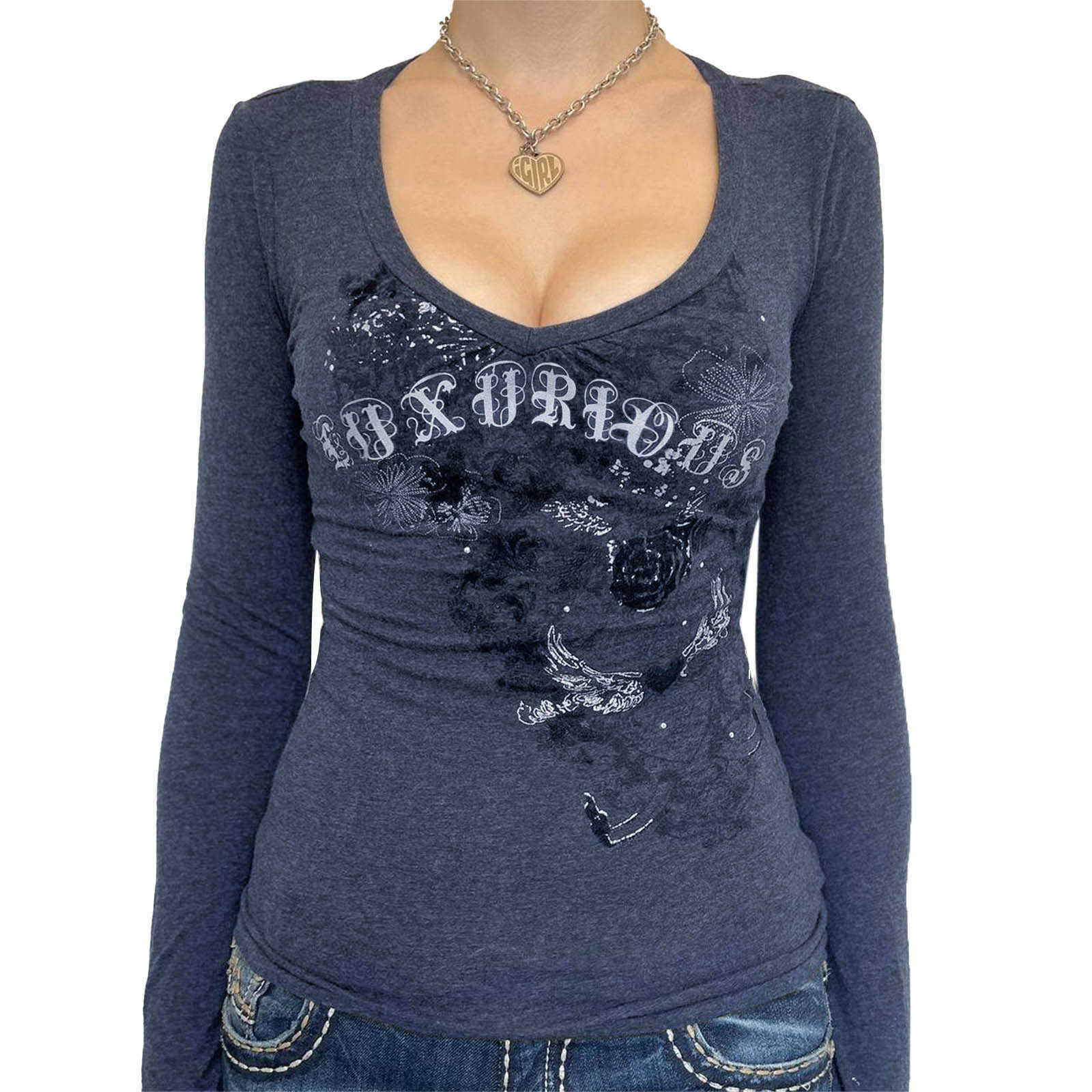 Camiseta con cuello en v de punto con estampado de letras antiguas retro americano para mujer comercio exterior transfronterizo nuevo estilo de punto top de manga larga al por mayor