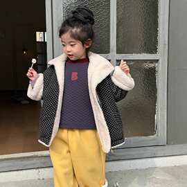 儿童小花两面穿羊羔毛外套2024冬装新款男女童波点可抽绳棉服
