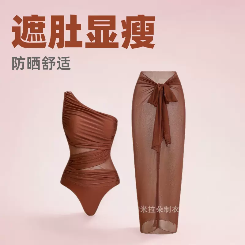 2025欧美连体式网纱遮肚显连身瘦防晒舒适度假泳衣女