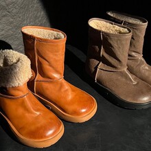 【现货】复古圆头皮面雪地靴女加绒加厚底羊羔毛毛鞋保暖棉短筒靴