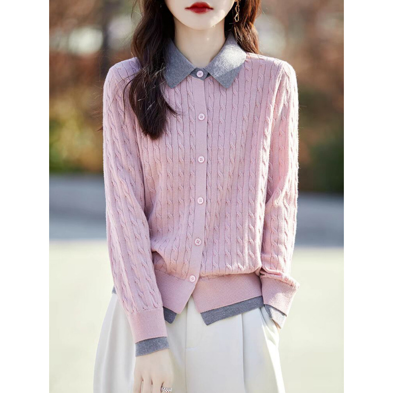 Japanese and Korean 2024 Autumn New Doll Collar Buckle Wool Knitted Cardigan Women's Fake Two-piece Strung Soft Waxy Skin-friendly Jacket