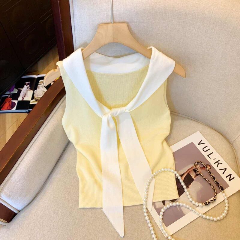 Dopamine Navy Collar Lace-Up Knitted Vest Women's Summer Slimming Look Chic Sweet Jazz Sleeveless Top