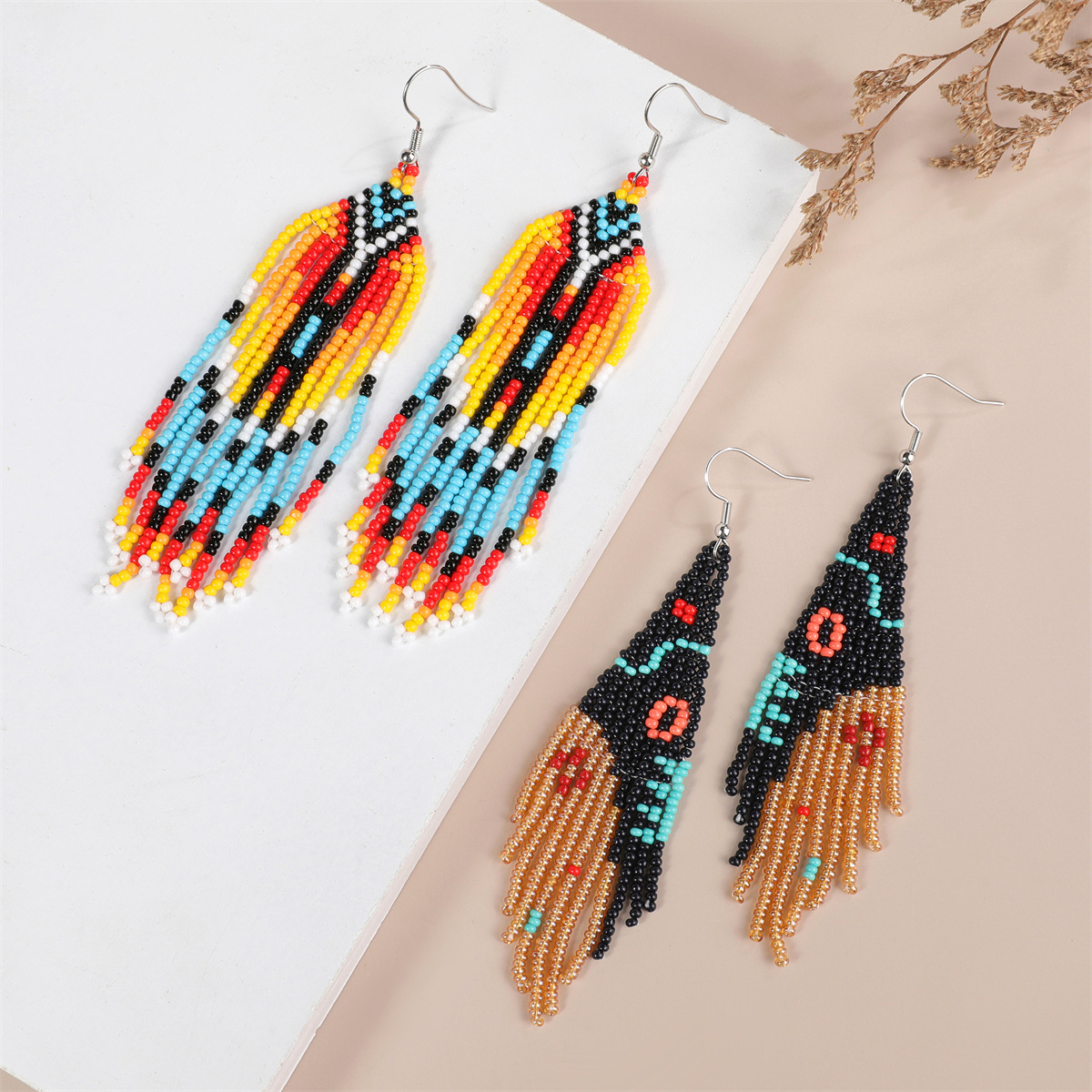 1 Pair Quantity 1 Pair Bohemian Devil's Eye Color Block Tassel Beaded Drop Earrings
